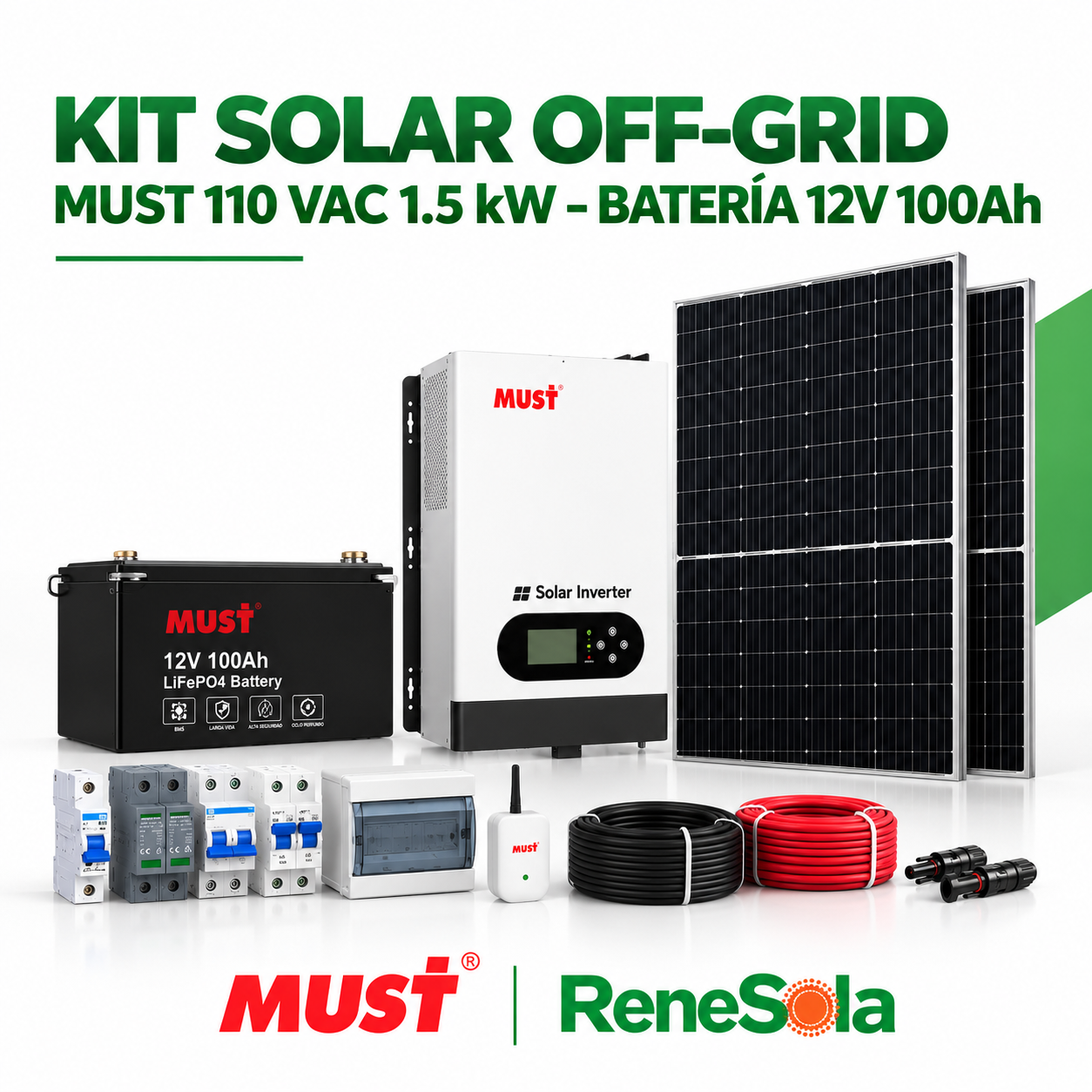 KIT SOLAR OFF GRID MUST 1.5KW 110VAC 12VDC / BATERIA LITIO 12V 100AH MARCA MUST