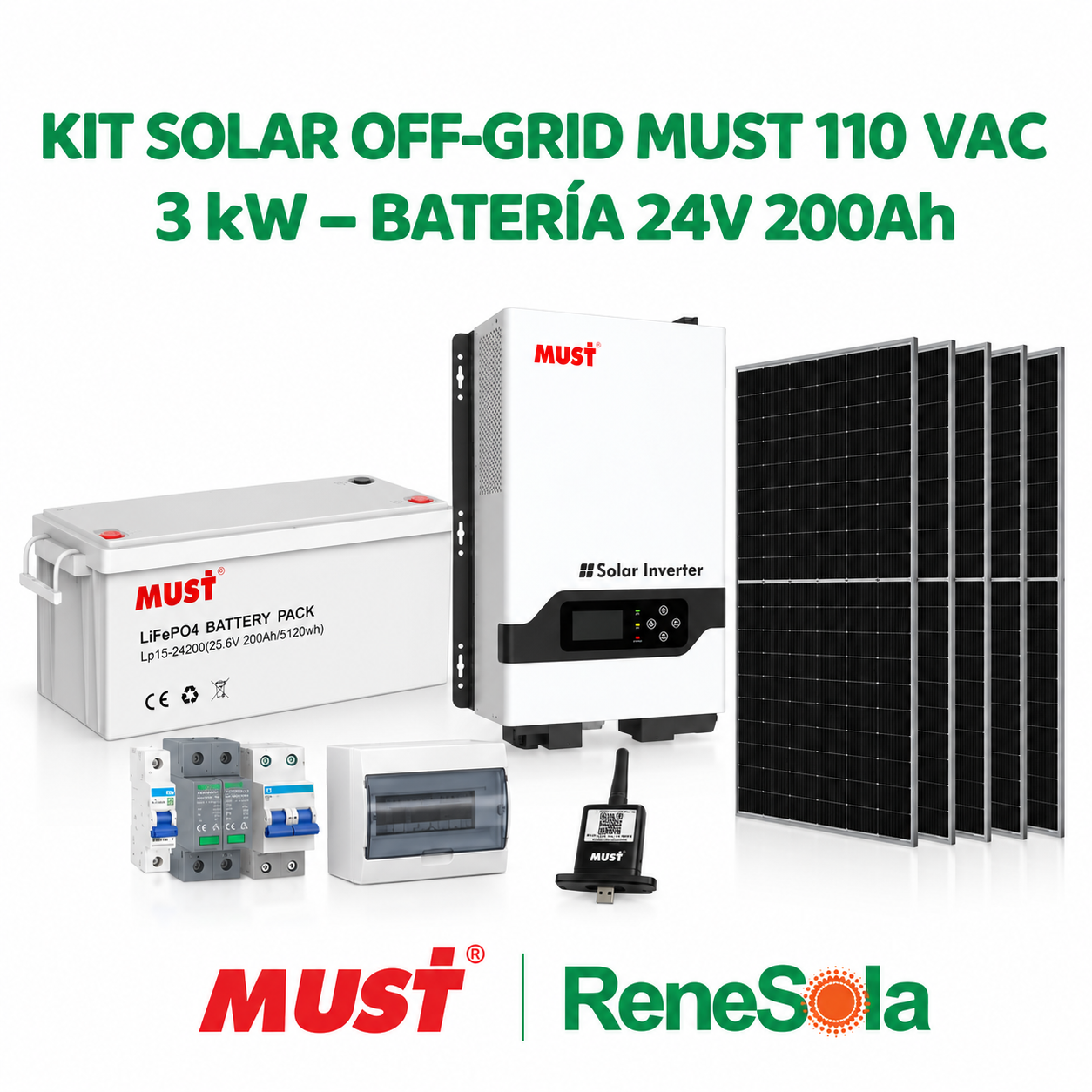 KIT SOLAR OFF GRID MUST 3KW 110VAC 24VDC / BATERIA LITIO 24V 200AH MARCA MUST