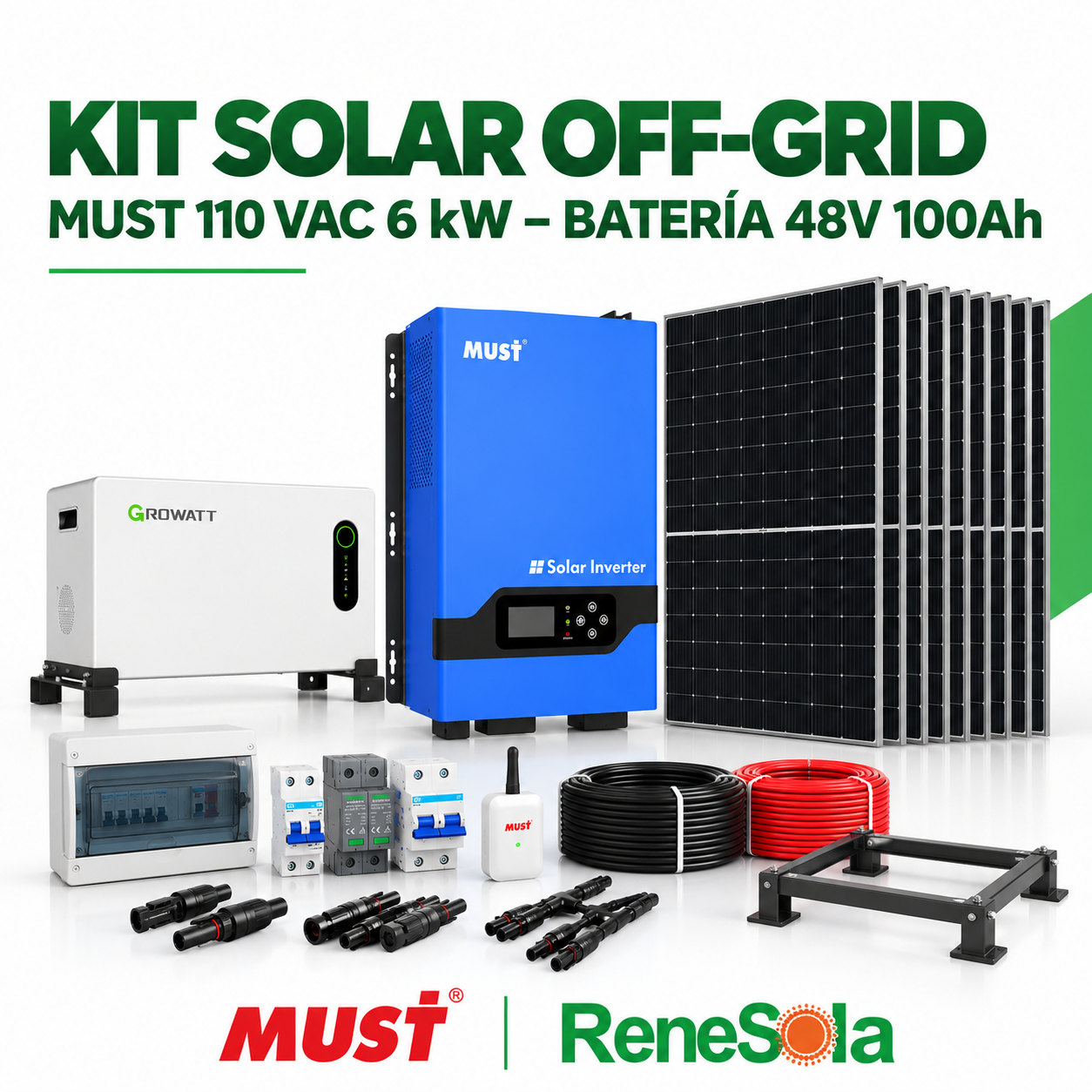 KIT SOLAR OFF GRID MUST 6KW 110VAC 48VDC / BATERIA LITIO 48V 100AH HOPE 5.0L-B1 MARCA GROWATT