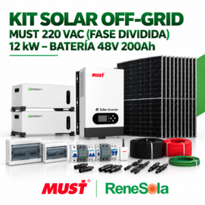 KIT SOLAR OFF GRID MUST 12KW FASE DIVIDIDA 110-220VAC 48VDC / 2 BATERIAS LITIO 48V 100AH HOPE 5.0L-B1 MARCA GROWATT