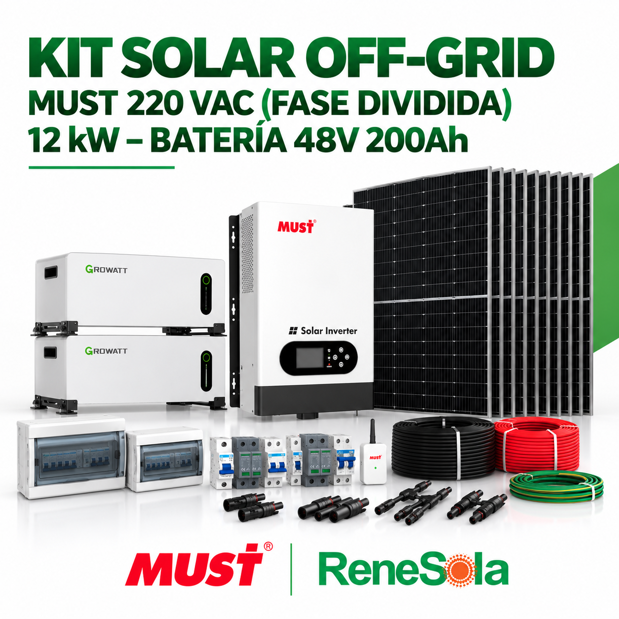 KIT SOLAR OFF GRID MUST 12KW FASE DIVIDIDA 110-220VAC 48VDC / 2 BATERIAS LITIO 48V 100AH HOPE 5.0L-B1 MARCA GROWATT